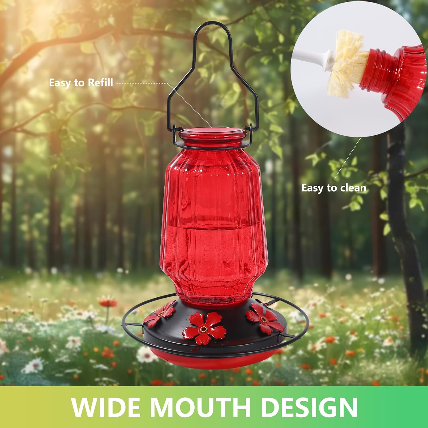 Glass Hummingbird Feeder for Outdoors Hanging, 16Oz Bird Nectar Feeder with Perch & 5 Flower Feeding Ports, Leak Proof for Outside Garden Decor Backyard, Gifts for Women Mom, Red - Image 6