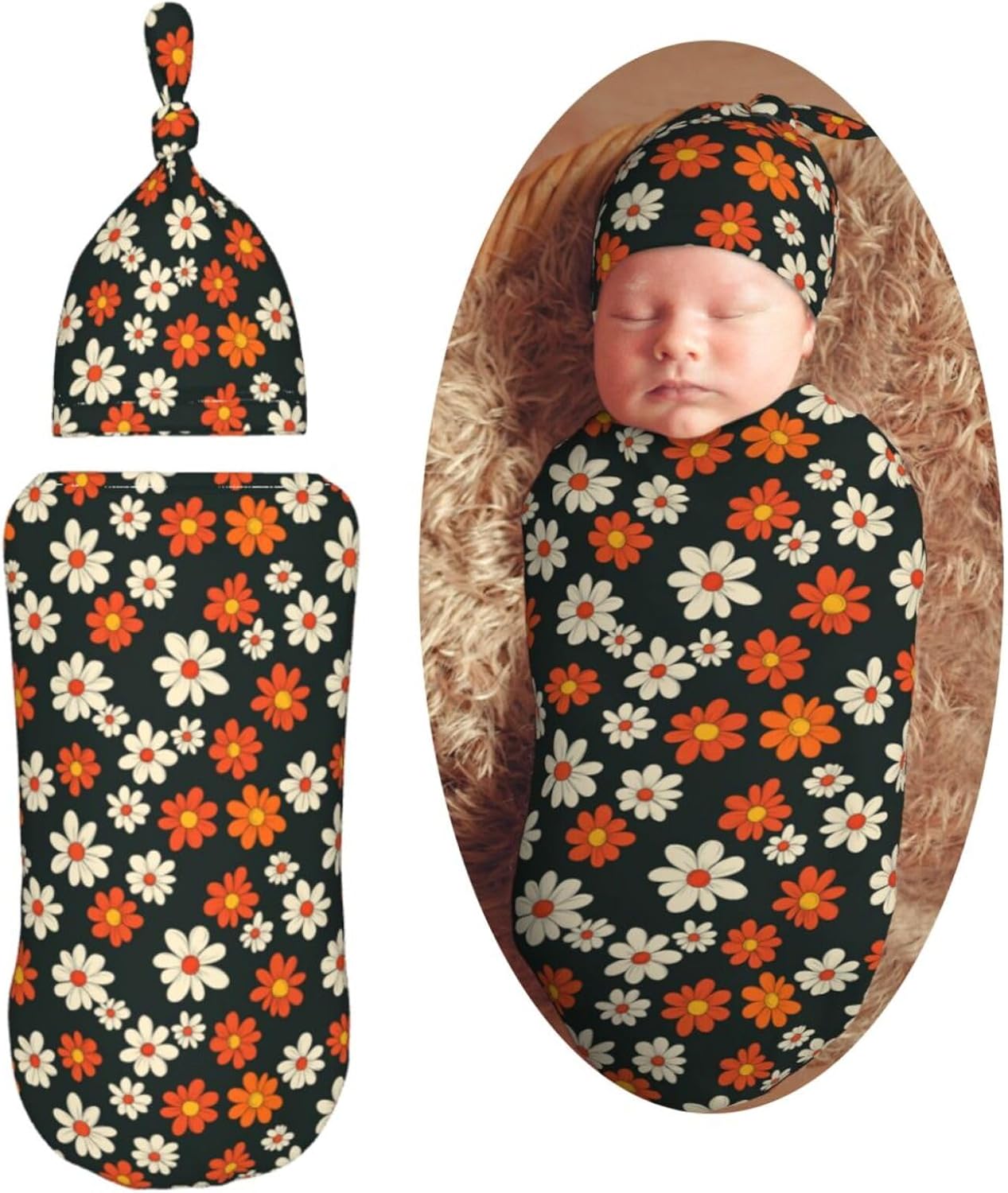 Colorful Retro Daisies Newborn Swaddle Blankets Hat Sets Soft Baby Receiving Blanket Swaddle Sack for Baby Shower Infant Boy Girl Gift