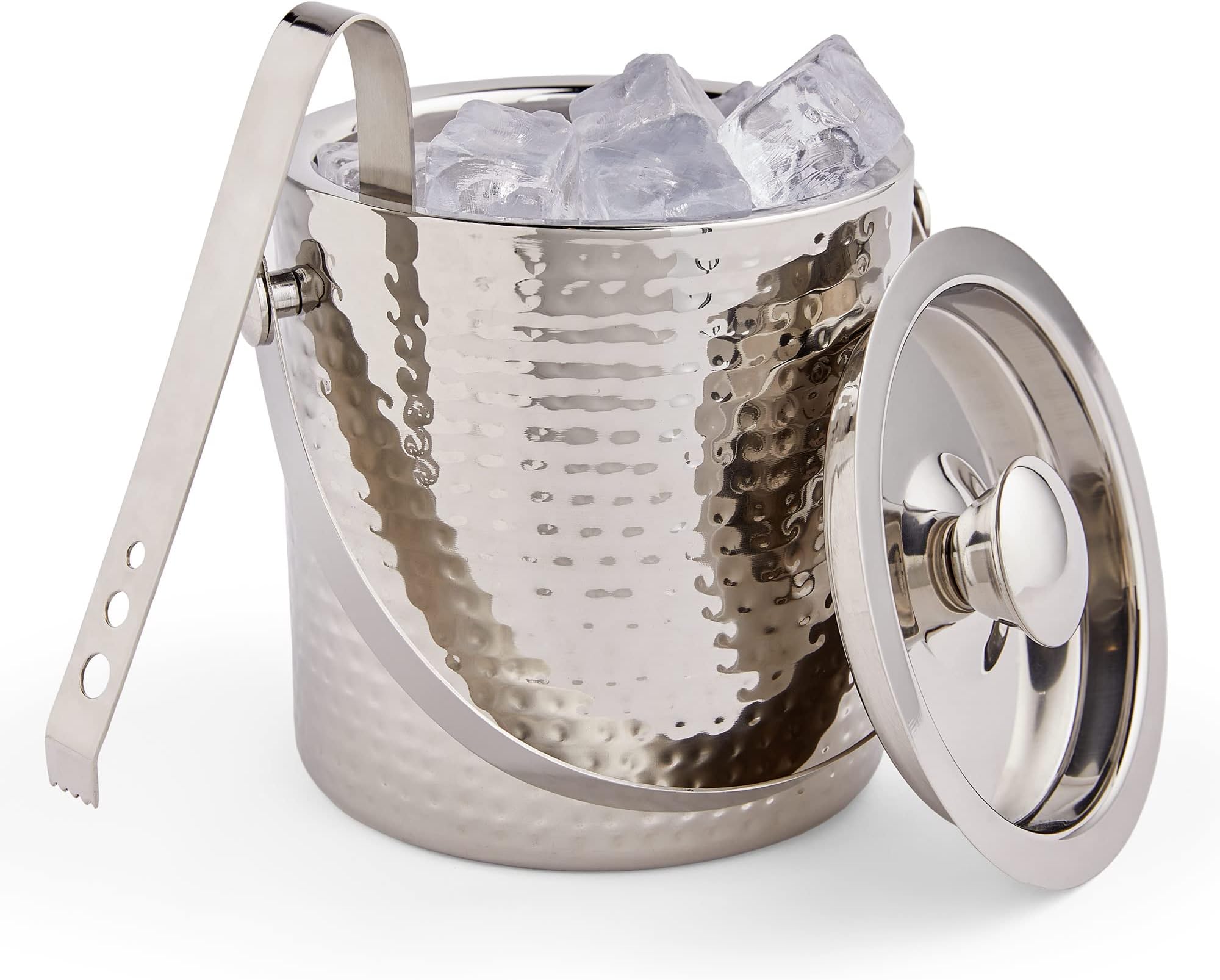 VonShef Ice Bucket with Tongs, 2L Stainless Steel Hammered Finish Ice Cube Bucket & Lid, Home Bar Accessory for Beer, Wine & Champagne, Double Walled Wine Cooler for Parties & BBQ's