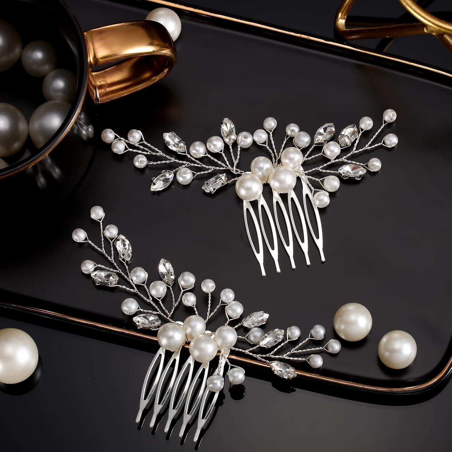 Ysleen 2 Pcs Wedding Pearl Hair Comb Bride Pearl Crystal Headpiece Flower Side Combs Hair Clip Bridal Hair Accessories for Girls Wedding Brides Bridesmaid Rhinestone, Silver