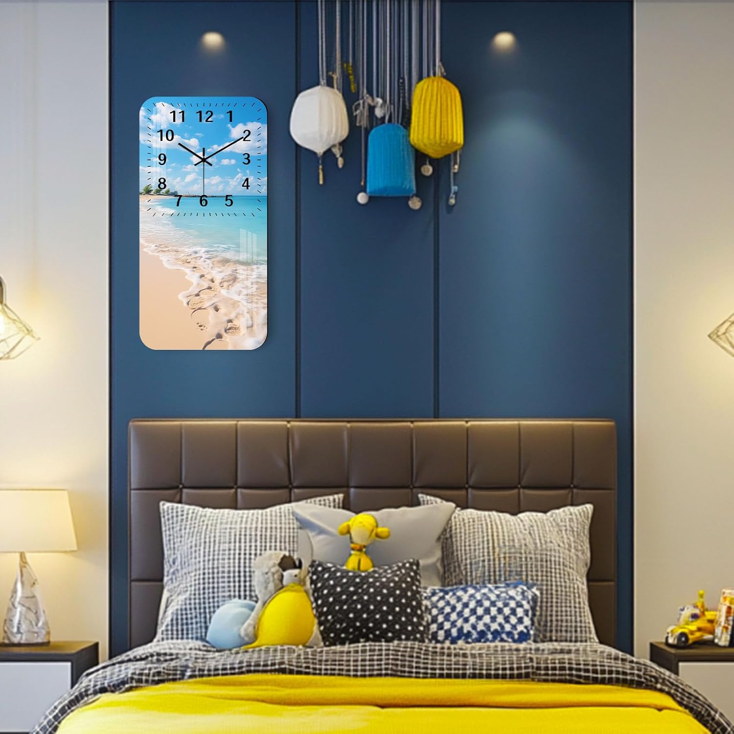 Beach Themed Wall Clock Battery Operated, 12 Inch Wooden Wall-Clocks Room Decor, Non Ticking Analog Blue Sea Wall Clock Decorative for Bedroom Living Room Office