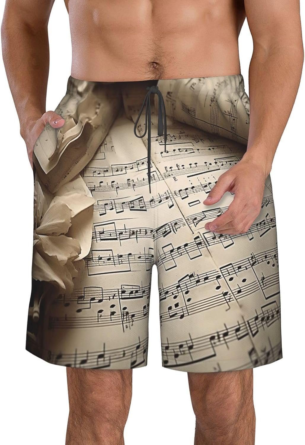 Men's Swim Trunks Quick Dry Bathing Suits Sheet Music Beach Board Shorts Swimwear with Pockets White