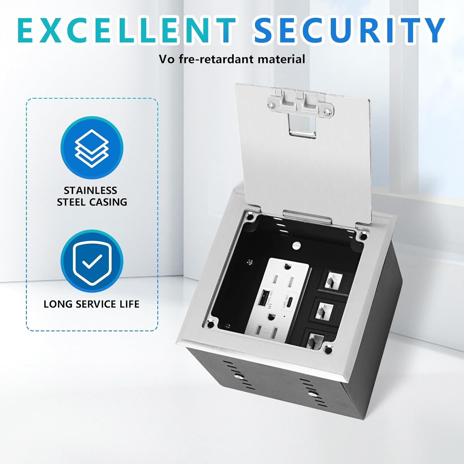 KYHSHJ Recessed Flat Hidden Socket Kit with 2 * 15A Receptacle，4.8A 1 USB-A Ports &1 USB-C Port+3-Port RJ45 Datacom Receptacle.Internal Height Adjustable，Corrosive Resistant Hardware,Silver