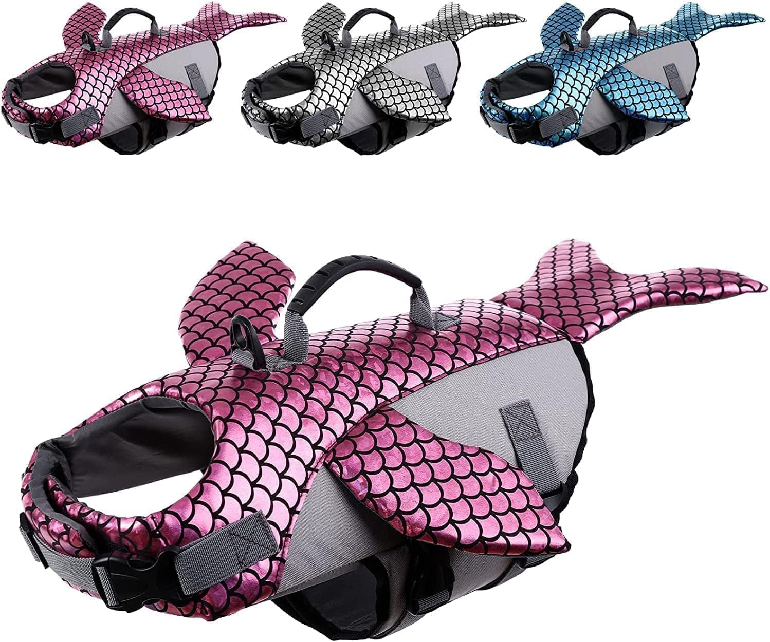 Dog Life Jacket, High Floatation Whale Shape Pet Life Vest Dog Swimsuit with Reflective Fish Scale, Dog Safety Preserver Lifesaver for Small Medium Large Dogs (S, Rose Red)