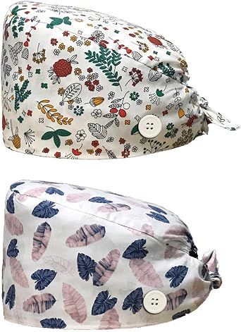 Jewdreamer 2 Pcs Cute Printed Working Cap with Button for Women/Men Upgrade Sweatband Adjustable Tie Back Bouffant Hats