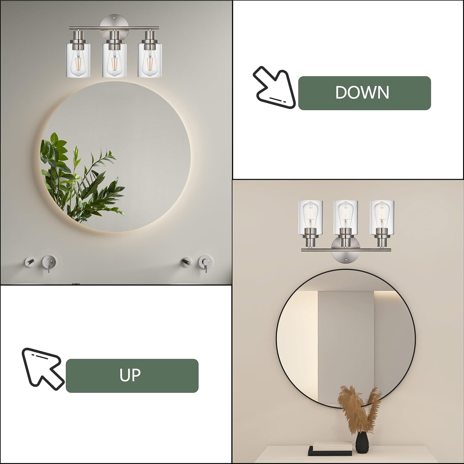 3-Light Vanity Light Fixtures with Clear Glass Shade, Modern Lights Over Mirror, Brushed Nickel for Bathroom, Kitchen, Living Room, Gallery