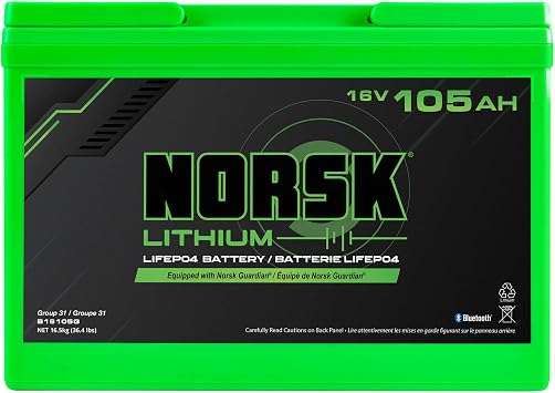 Norsk Lithium 16V 105AH LiFePO4 Deep Cycle Battery | Group 31 | Bluetooth | One-Touch Power Management Button | IP67 Waterproof | Perfect for Marine Electronics