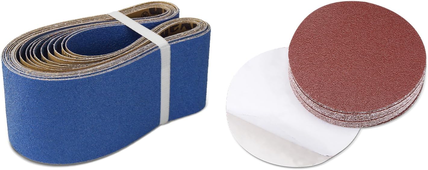 4"x36" 60 Grit Zirconia Sanding Belts & 6" PSA Sanding Discs - 8 Pcs Sanding Belts & 60 Pcs Aluminum Oxide Self Stick Discs for Metal Wood