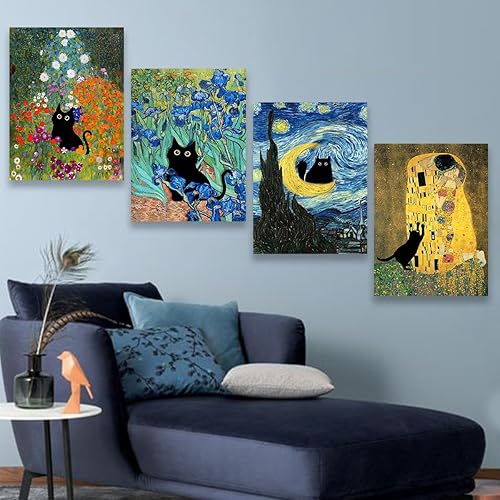 Miniatura 5 de Klimt the Kiss - Lienzo impreso con diseño de gato negro divertido, pinturas famosas, decoración de pared para el hogar, 12 x 16 pulgadas
