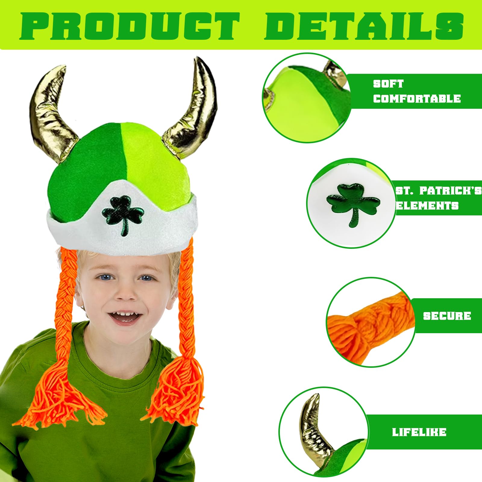 Irish Hat Cute with Braids Horns,St Patricks' Day Paddy's Day Hat Accessories,Deluxe Leprechaun Top Costume Headwear Velvet Hats,Irish Fancy Dress Costume Accessory Cosplay for Men and Women - Image 3
