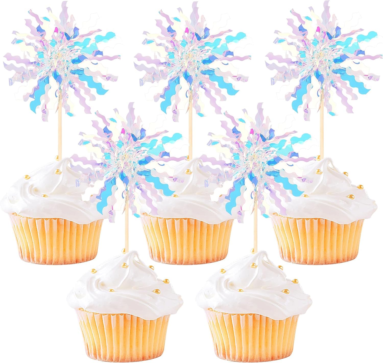 SYKYCTCY 30 Pack Foil Frill Firework Cupcake Toppers Sparkle Tinsel Happy Birthday Holiday Cupcake Picks Drink Stirrers Cocktail Food Fruit Toothpicks Birthday Cupcake Decorations Party Supplies