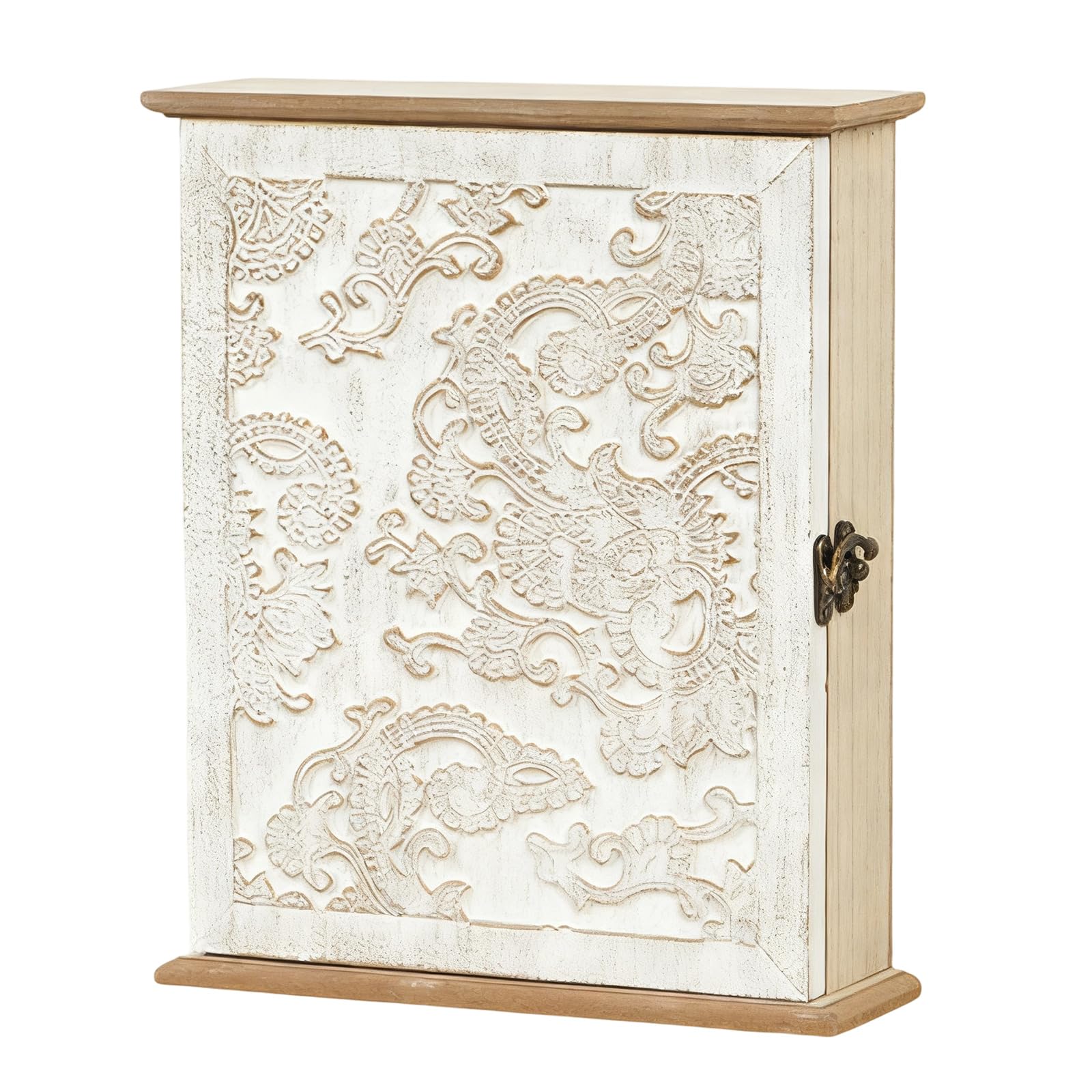 Carotoe Relief Pattern Wooden Wall Cabinet With Mail Slot Bucolic Home Organizers Space Saving Design Natural Finish Concealed Storage Compartment For Entryway Organizers Wall Mount