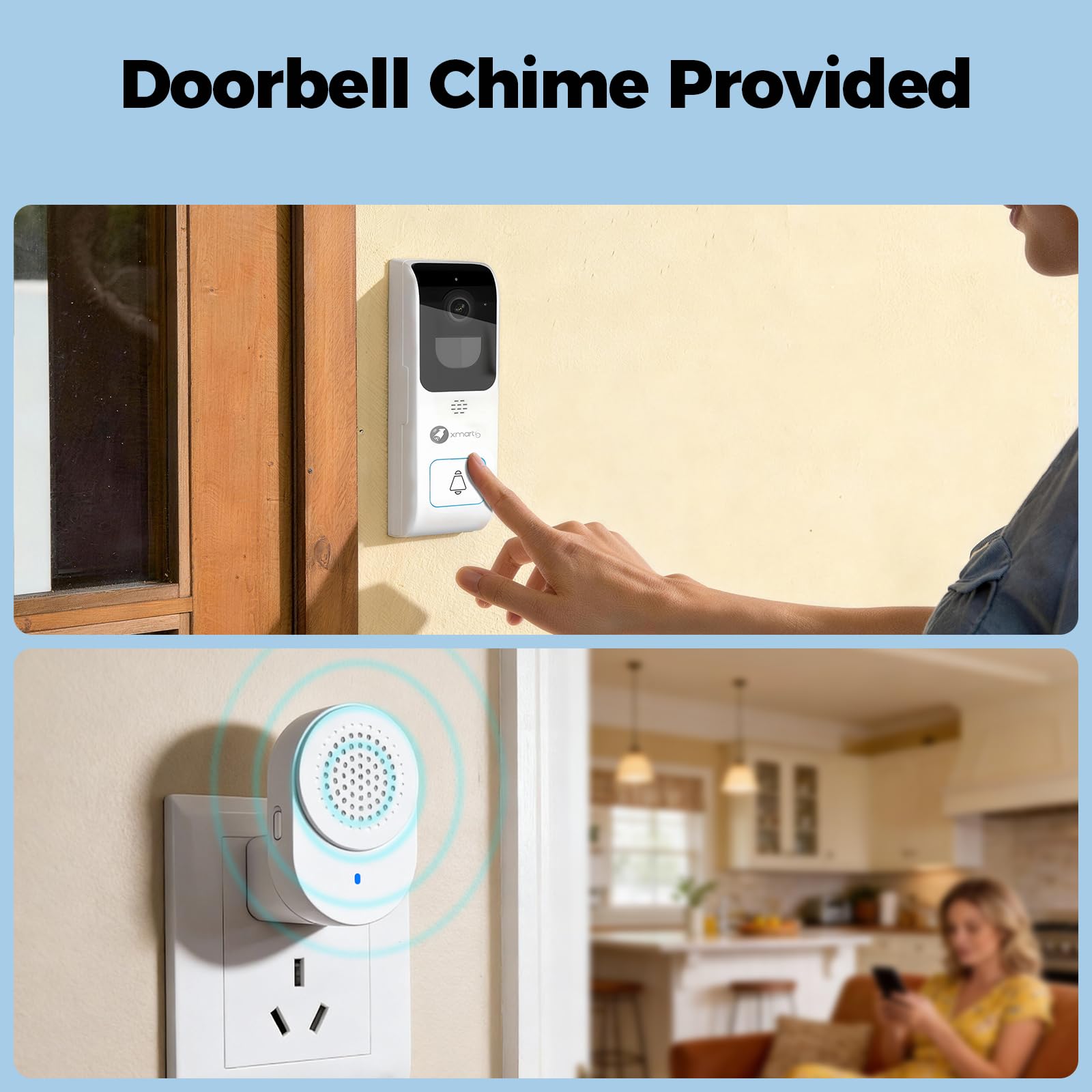 XMARTO Campanello video intelligente wireless 2.4G/5G per la sicurezza domestica, sorveglianza Live View con audio a 2 vie, rilevamento e avvisi di movimento/AI, installazione facile, nessun canone