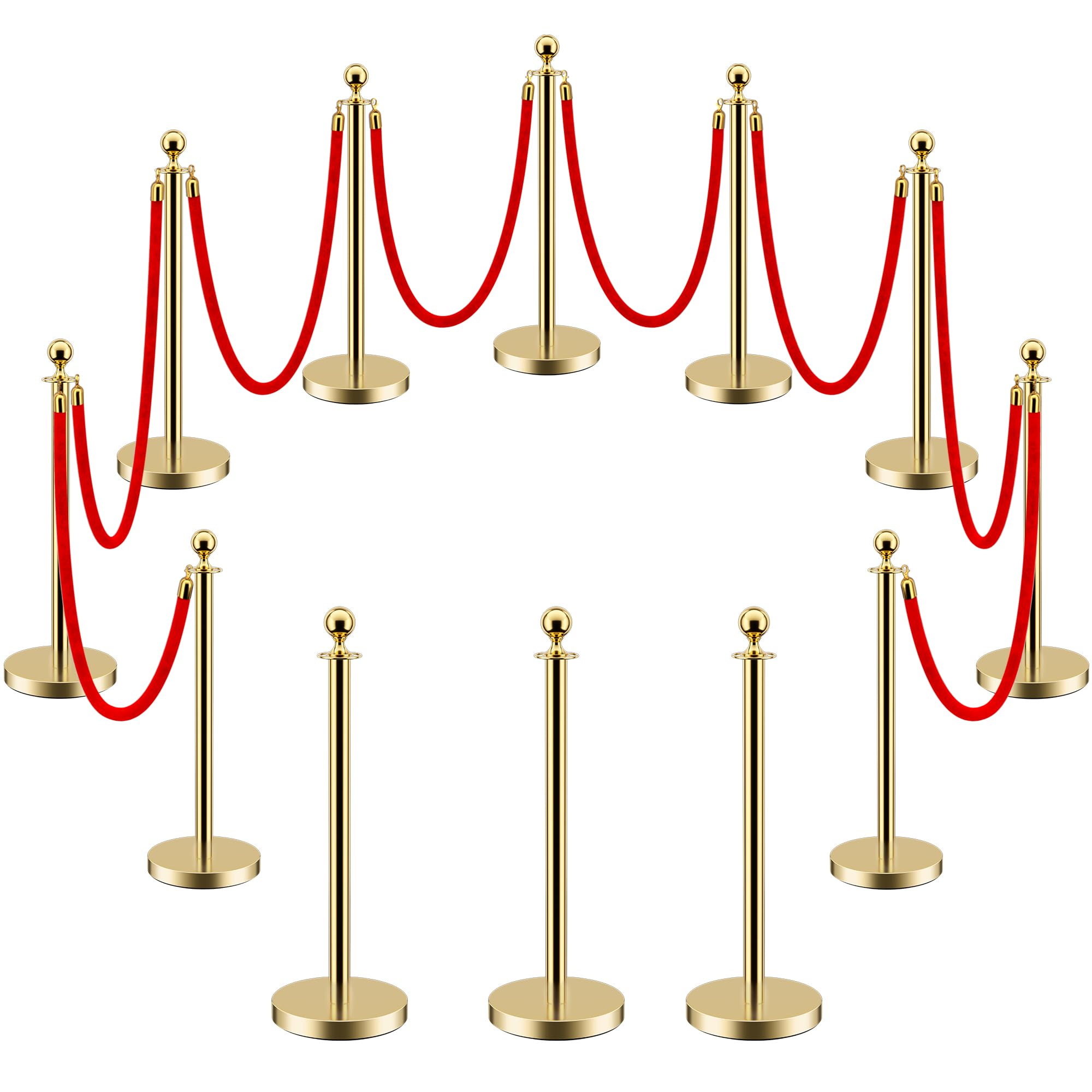 LOVMOR 12Pcs Gold Stanchion Posts Queue with 8pcs Red Velvet Rope, Crowd Control Barriers Queue Line Rope, Crowd Control Stanchion for Party Supplies
