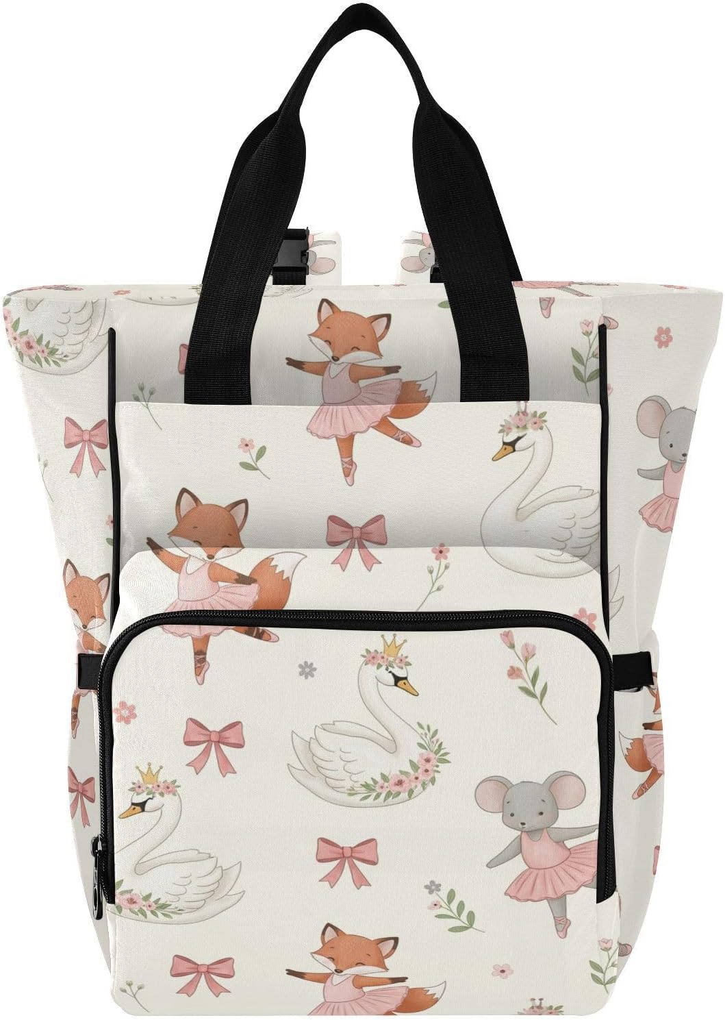 Ballerina Fox Swan White Pattern Diaper Bag Backpack for Baby Boys Girls Multifunction Baby Essentials Travel Tote with Stroller Straps & Bottle Storage Maternity Travel Bag for Baby Shower Gifts