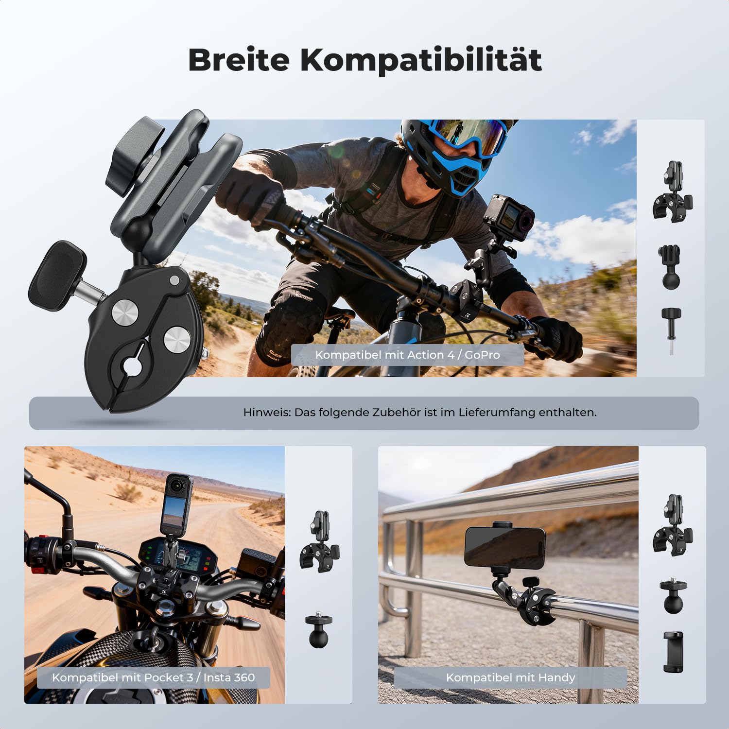 K&F CONCEPT Motorrad-Fahrradhalterung für DJI Osmo Action/Gopro Hero/Insta 360/Handy, 360° verstellbar Magic Arm mit Action Camera Adapter und 1/4 ′′ Adapter