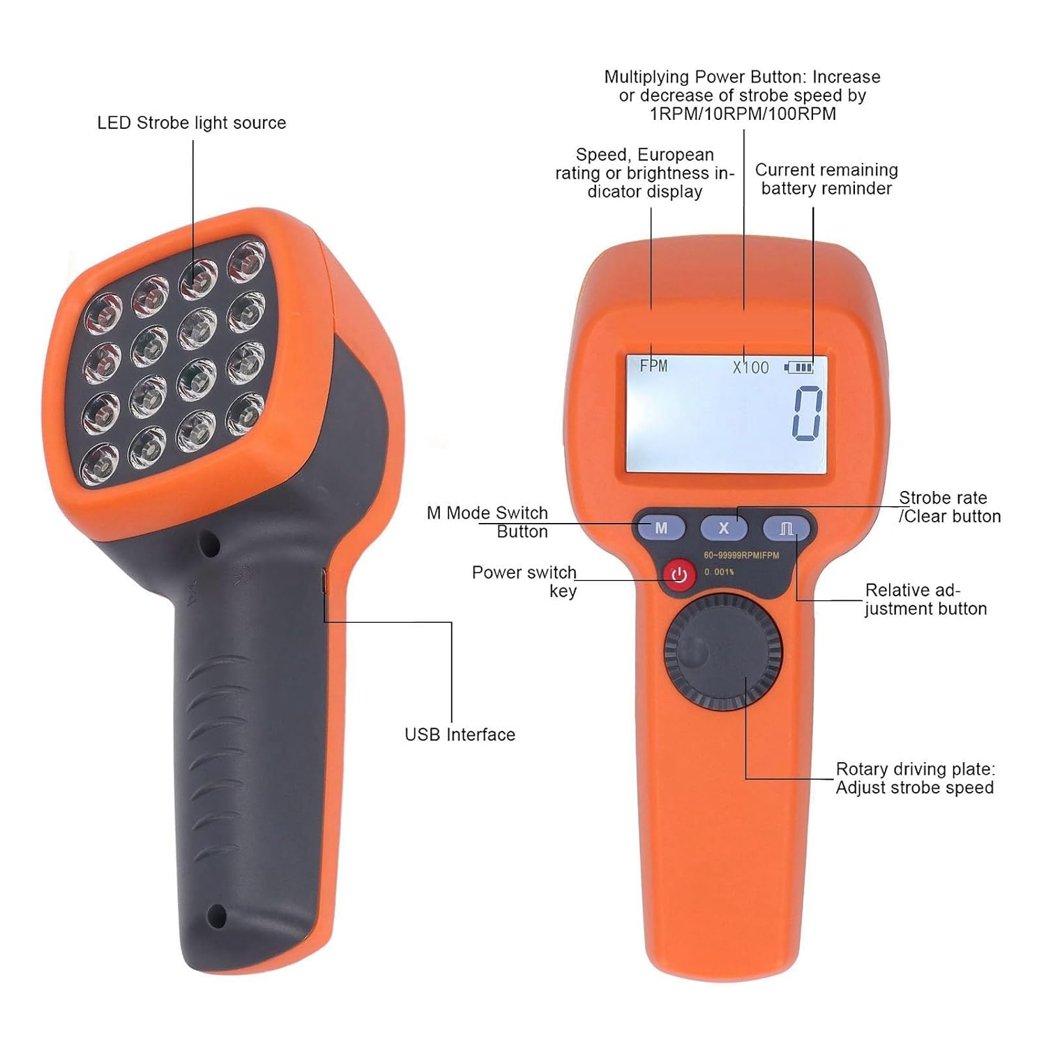Handheld LED Stroboscope, LCD Digital Display Tachometer, Flash Tachometer 1500LX 60‑99999 RPM Tach Tester Tool