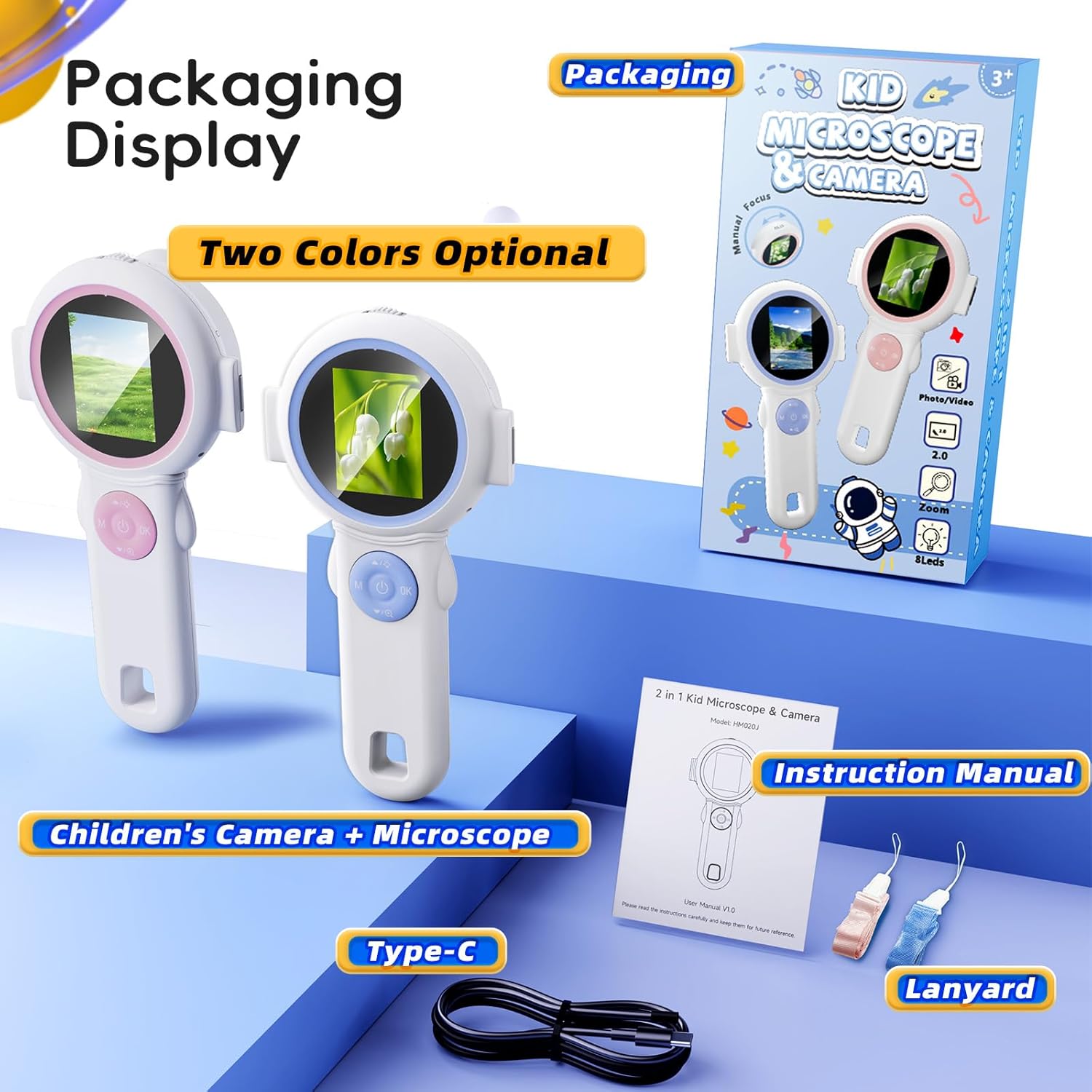 2-in-1 Kids Microscope & Camera – Handheld Digital Microscope, STEM Science Toy for Boys and Girls Ages 3-10 | Christmas or Birthday Gift for Outdoor Adventure and Nature Discovery (White)