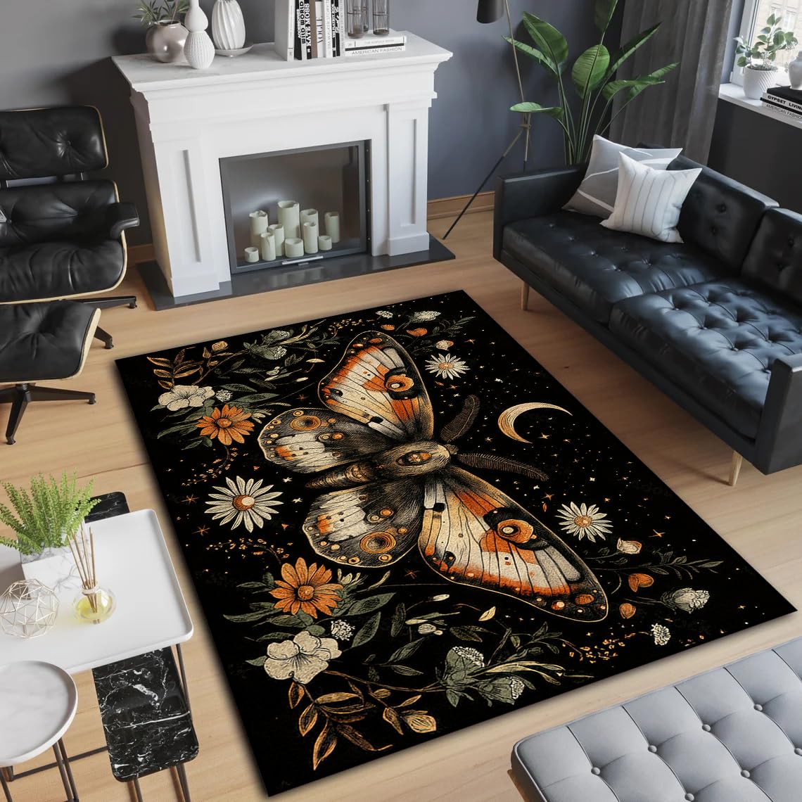 Dark Cottagecore Butterfly Floral Moon Rug for Living Room, Witchy Luna Moth Rug, Boho Style Carpet for Home Decor, Non Shedding, Non Slip Area Rugs,