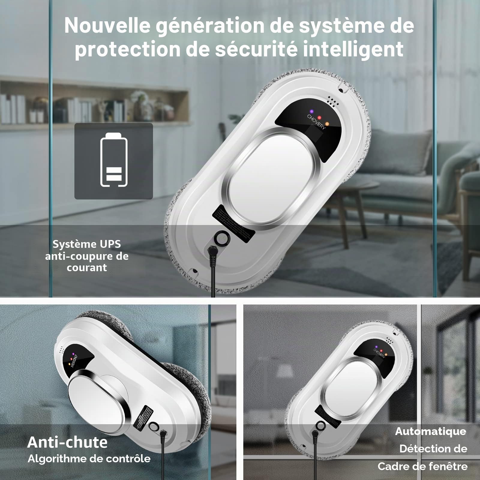CHOVERY Robot Nettoyeur De Verre Télécommande Robot Nettoyer Les Cristaux 5600pa Super Aspiration Nettoyeur De Verre Électrique Navigation Intelligente Machine De Nettoyage des Cristaux pour Toutes