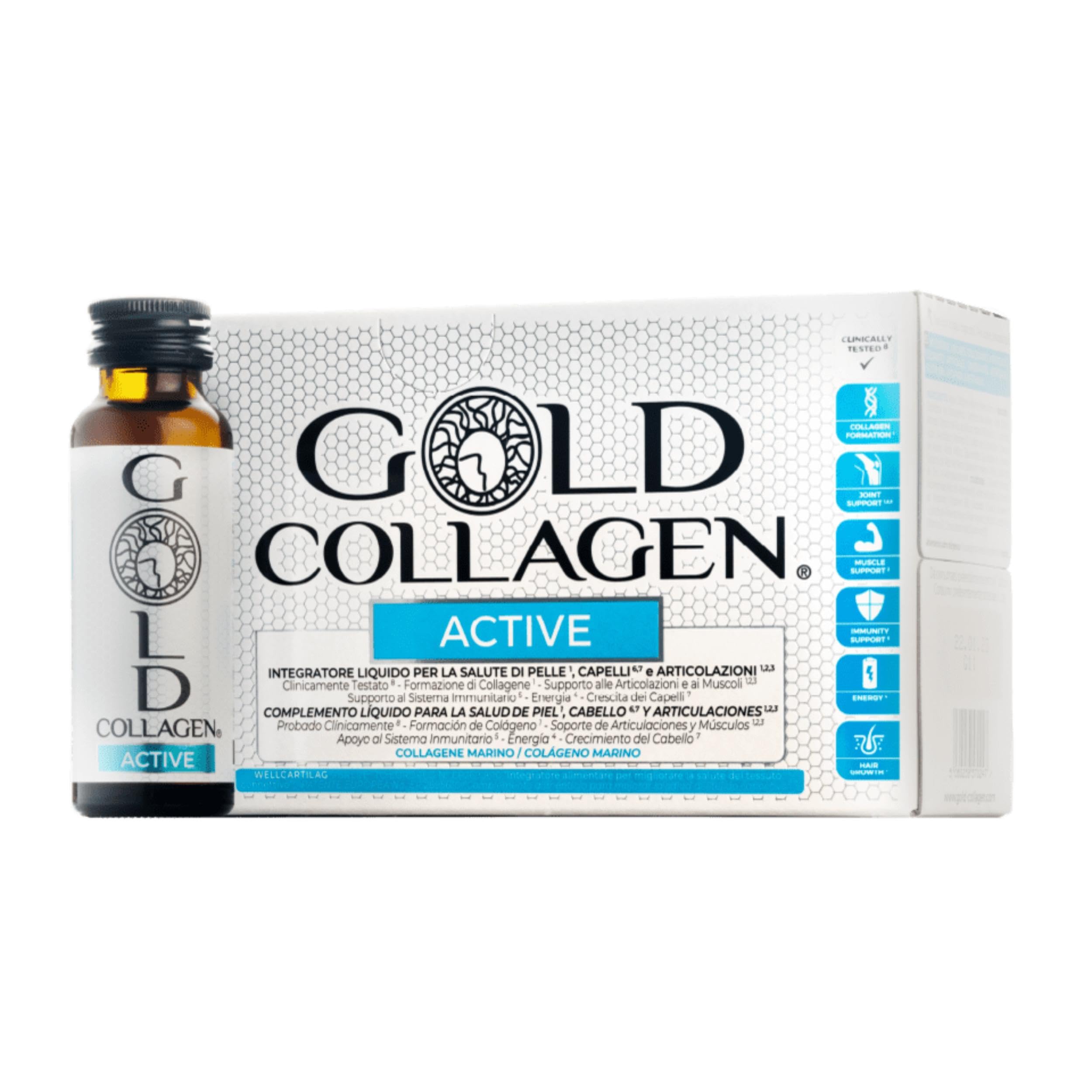 GOLD COLLAGEN Active - Colágeno Marino Hidrolizado, Complemento Líquido Piel, Crecimiento Cabello y Articulaciones con Vitamina C y E, Glucosamina Condroitina, Colágeno y Ácido Hialurónico, 10x50 ml
