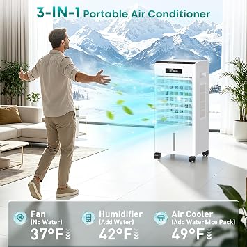 Portable Air Conditioners, 3 in 1 Portable AC with 3 Speeds, 3 Modes, 8L Evaporative Air Cooler w/7H Timer, 90Oscillation, Remote Control Air Conditioners for Bedroom, Small Room, Home (White)