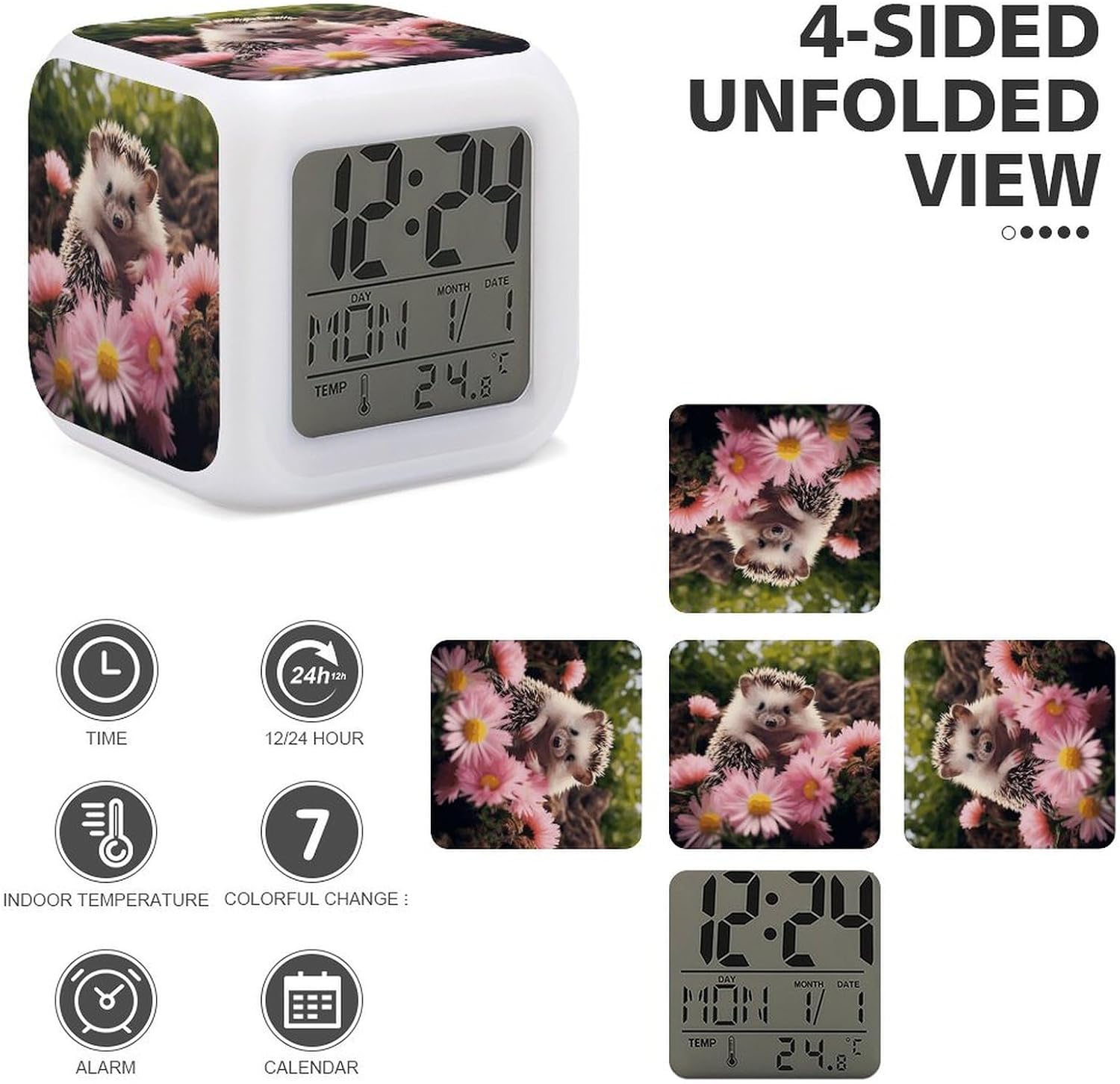 Cute Hedgehog in Flowers Alarm Clock Led Display Alarm for Bedroom Smart Digital Alarms with 7 Color NightLight Small Night Light Clock for Heavy Sleepers Simple Operation image 4