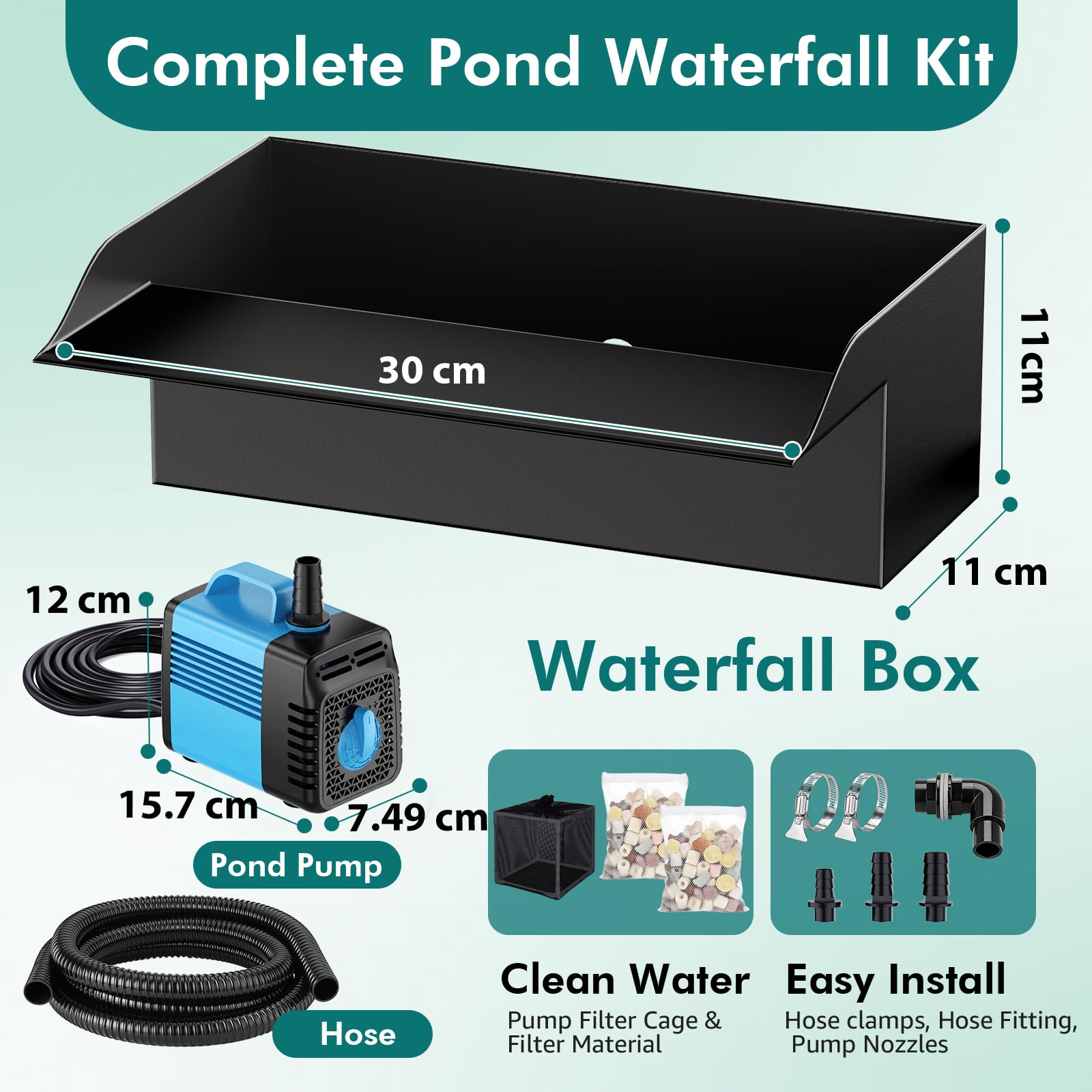 Pond Waterfall Spillway Kit, 30cm Pond Waterfall Filter with 2500L/h Waterfall Pump & Filter Cage, 3m Corrugated Tubing for Outdoor Garden Ponds, Backyard Water Features — view 8