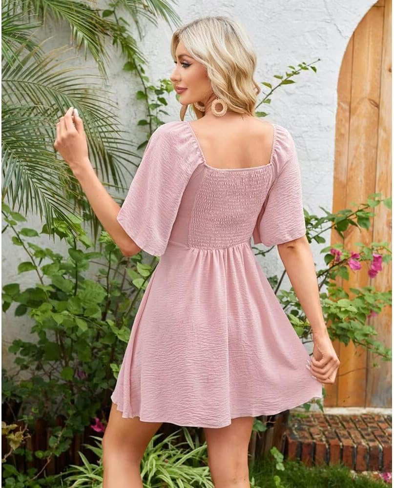 Sundresses for Women 2025 Beach Dress Casual Short Sleeve Bow Tie V Neck Ruffle Mini Dresses Pink - Image 2