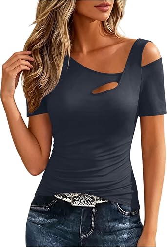 Lmdudan One Shoulder Tops for Women Short Sleeve Cut Out Slim Fit Solid Tees Sexy Going Out Summer Club Shirts 2026