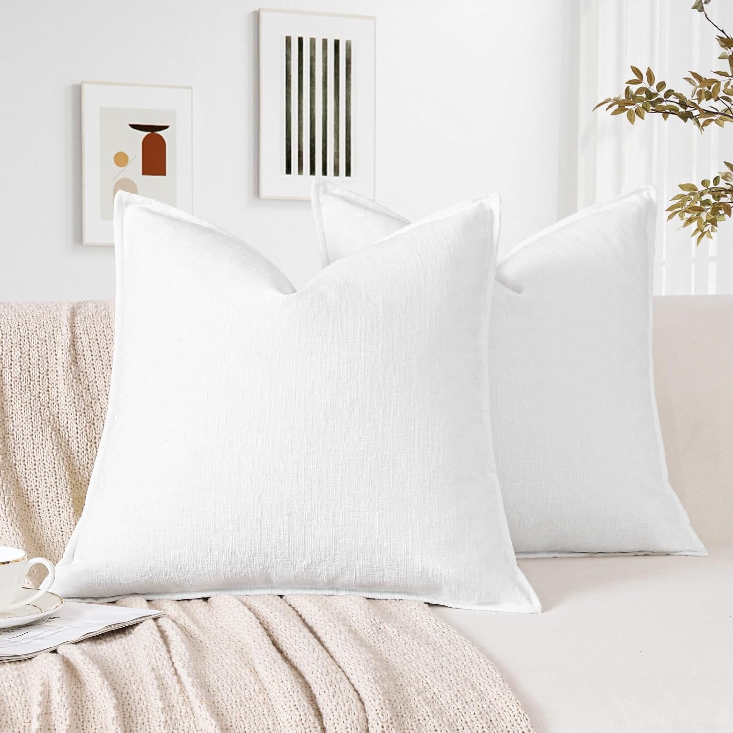 OTOSTAR Pack of 2 Chenille Decorative Throw Pillow Covers 18x18 Inch Square Soft Pillow Covers with Stitched Edge Solid Dyed Cushion Covers for Home Decor Couch Sofa Bed Living Room, White