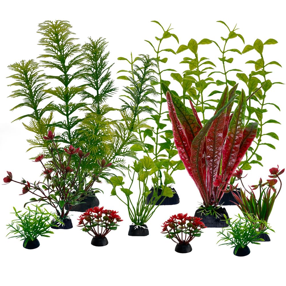 11 Pezzi Piante Artificiali Acquario, Plastica Piante per Acquario, Decorazioni Acquari, Accessori Per Acquari, Piante in Plastica, Acquatiche Simulate, Colori Misti 5-20 cm (Verde, Rosso)