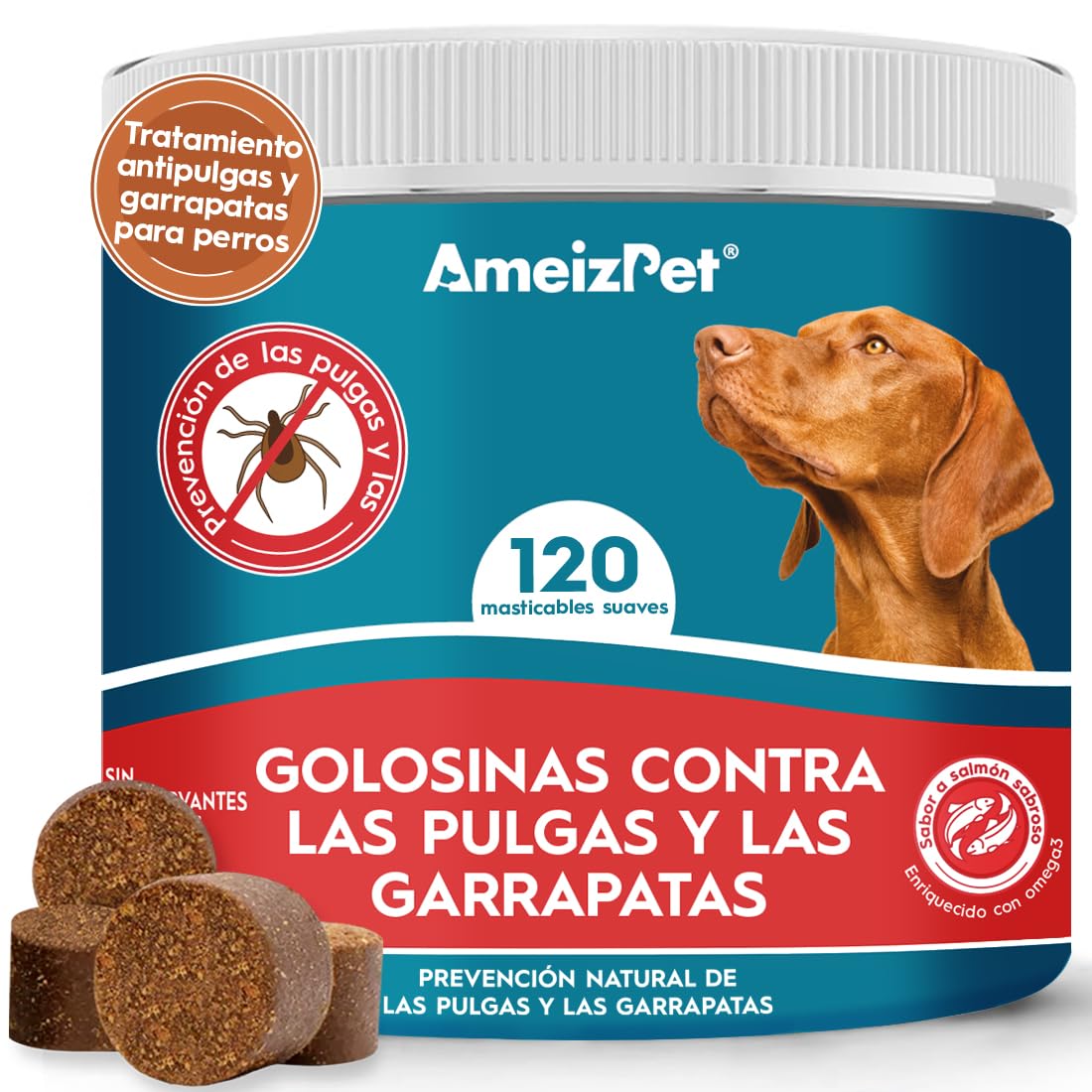 AmeizPet Pastillas Pulgas Y Garrapatas Perros, Antipulci per Cani, Pastillas para Perro Pulgas Y Garrapatas para Cachorros Y Perros Adultos, Enzimas Digestivas, 120 Chuches Caninas, 270g (9.5 Oz)