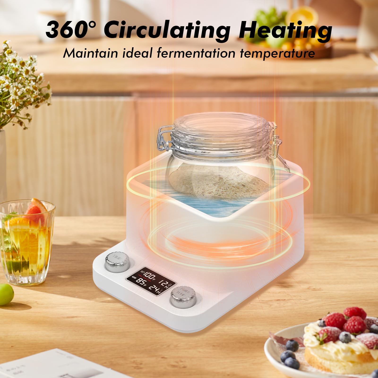 Calentador de Masa Madre con Baño María 360°, Control Preciso de Temperatura de 1°C (21-40°C), Temporizador 198H y Recordatorio de Alimentación – Caja de Fermentación para Masa Madre, Yogur, Kombucha