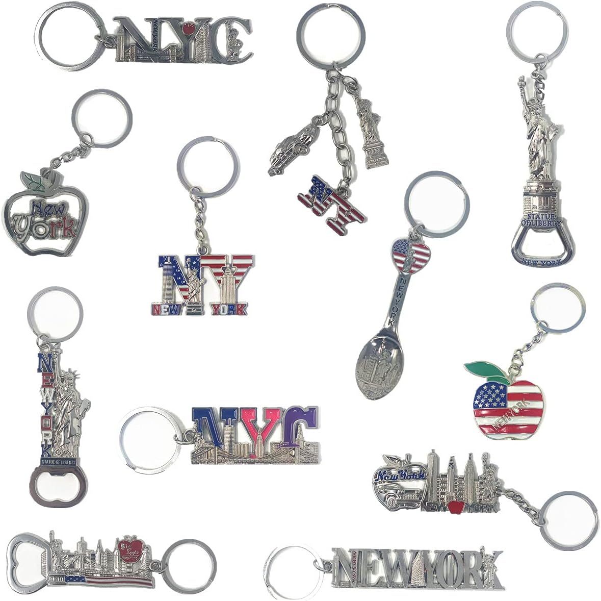 12 Pack Silver NYC Souvenir Keychain Collection New York Metal Keychain Ring Bundle Bulk Includes Statue Of Liberty, Empire State, Freedom Tower, USA Flag, NYC Cab, Big Apple, 4 Pc Bottle Opener