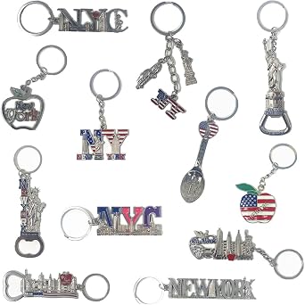 12 Pack Silver NYC Souvenir Keychain Collection New York Metal Keychain Ring Bundle Bulk Includes Statue Of Liberty, Empire State, Freedom Tower, USA Flag, NYC Cab, Big Apple, 4 Pc Bottle Opener