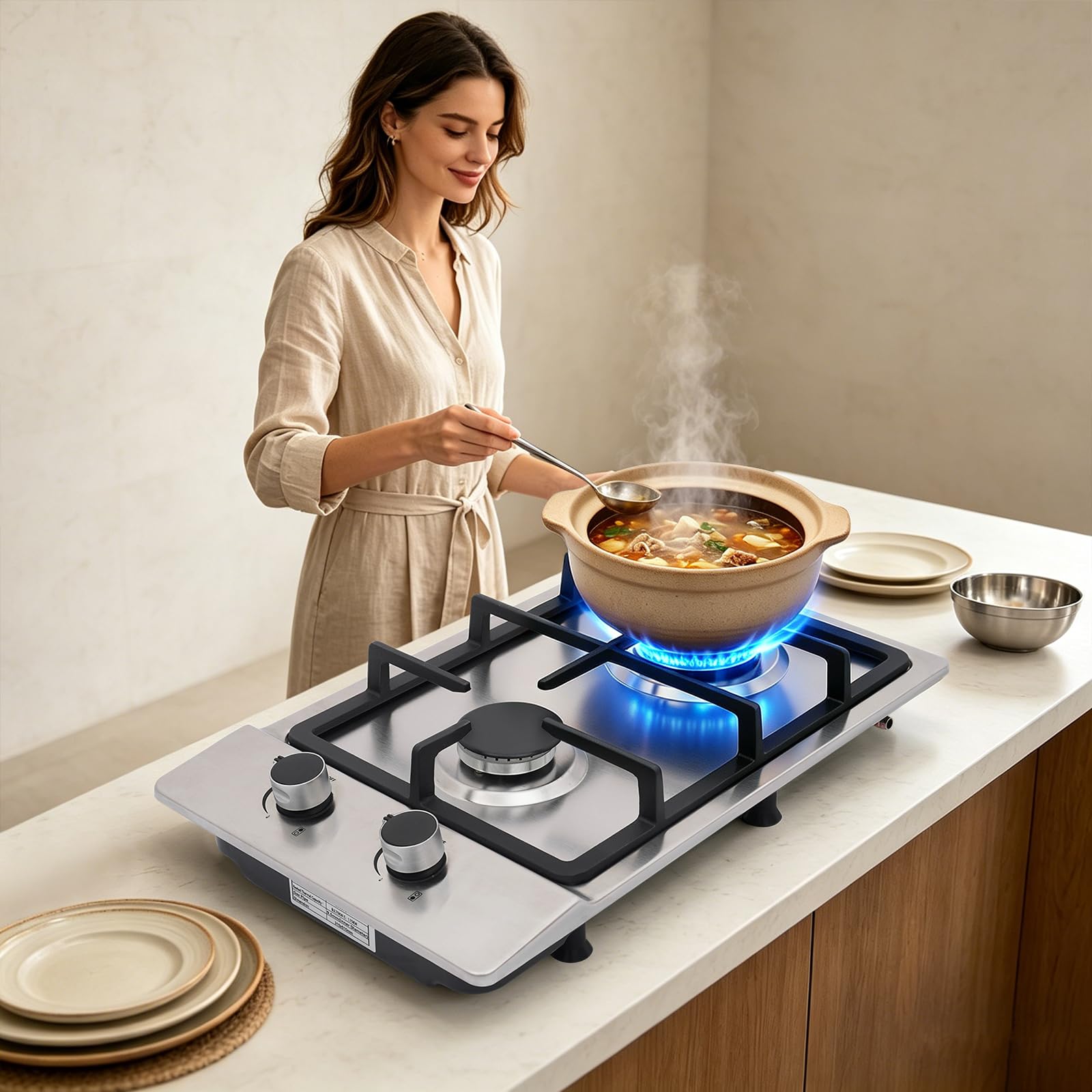 Przenośna płyta gazowa, 2-palnikowa, ze stali nierdzewnej, do LPG/gazu ziemnego, 2 strefy grzewcze (3000 W + 1750 W), płyta gazowa z reduktorem ciśnienia i wężem 1,5 m, do wewnątrz i na zewnątrz