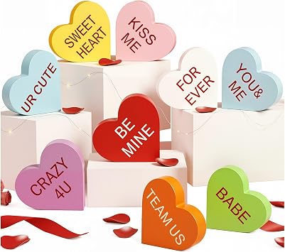 OLANRUN Valentines Day Decorations, 9 PCS Double Printed Wooden Conversation Hearts Sign Decor for Galentines, Romantic Valentines Day Decor for Home Office Table Tiered Tray Fireplace Mantel