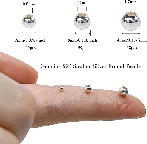 Miniatura 2 de 50 cuentas redondas de plata de ley 925 genuina de 0.157 pulgadas (0.157 in) pequeñas cuentas espaciadoras para hacer joyas, cuentas sueltas para