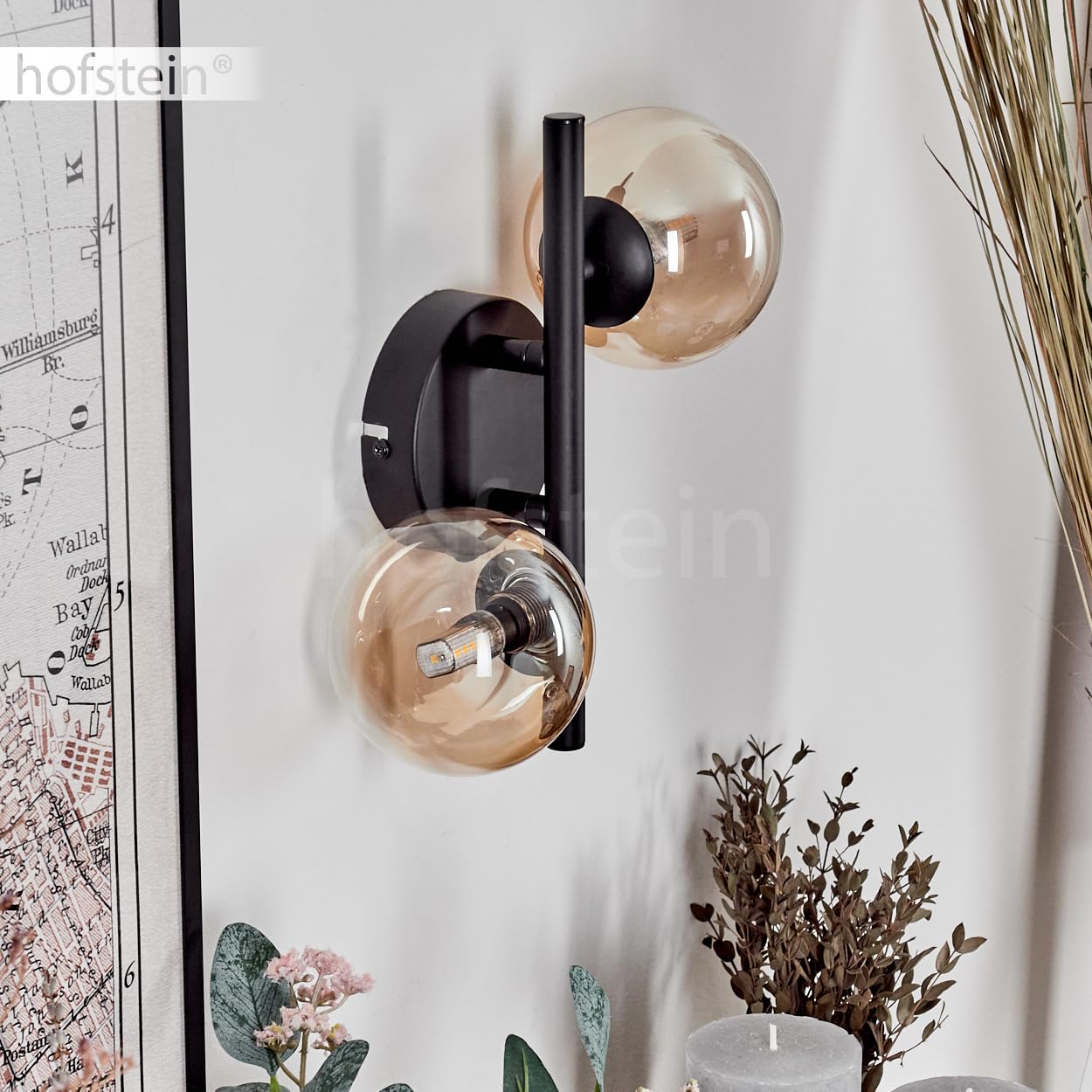Wandleuchte Chehalis, Wandlampe aus Metall/Glas in Schwarz/Bernstein/Klar, Leuchte im modernen Retro/Vintage-Design m. Schirmen aus Glas (Ø 10cm) u. An/-Auschalter am Gehäuse, 2x G9, ohne Leuchtmittel