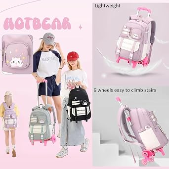 Cat Print Rolling Backpack for Girls Kids Backpack with Wheels Roller Bookbag Trolley School Bag Wheeled Bag