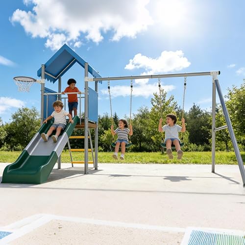 Patikuin Heavy Duty Kids Outdoor Playset with Dual Swings, Slide & Basketball Hoop – Galvanized Steel Playground Equipment – Safe & Durable – Perfect for Backyard or Garden – Includes Blue Variant