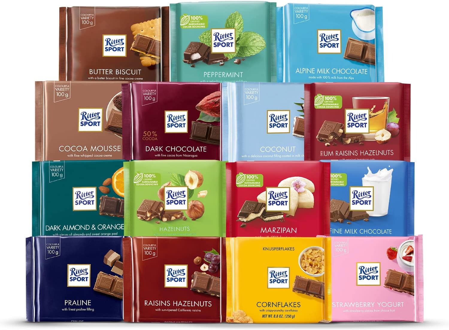 Ritter Sport Colorful Variety Bars, Variety of 15 Flavors, 15-Pack, Milk & Dark Chocolate, Nougat, Peppermint, Marzipan, Coconut, 3.5 Ounce - Packaged by Peaceful Squirrel