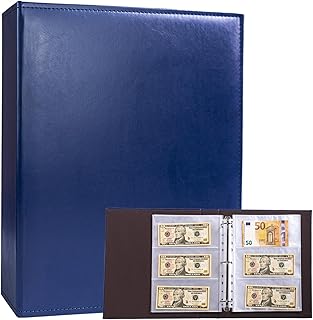 A4 3 Ringbinder Währungsalbum mit 30 Pack 180 Taschen Nachfüllseiten, PU Leder Geldsammelbuch, Sammeln von Euros, Papiergeld, Fremdwährung und Gutscheinen