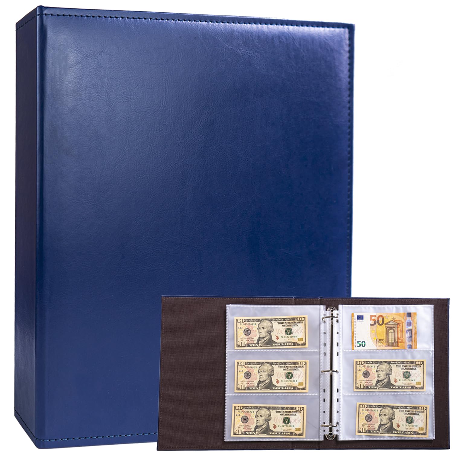 Reliure A4 3 anneaux avec 30 pages de 180 Pochettes, carnet de Collection en cuir PU, Pour Collectionner les Euros, l'argent en Papier, les Devises étrangères et les Coupons