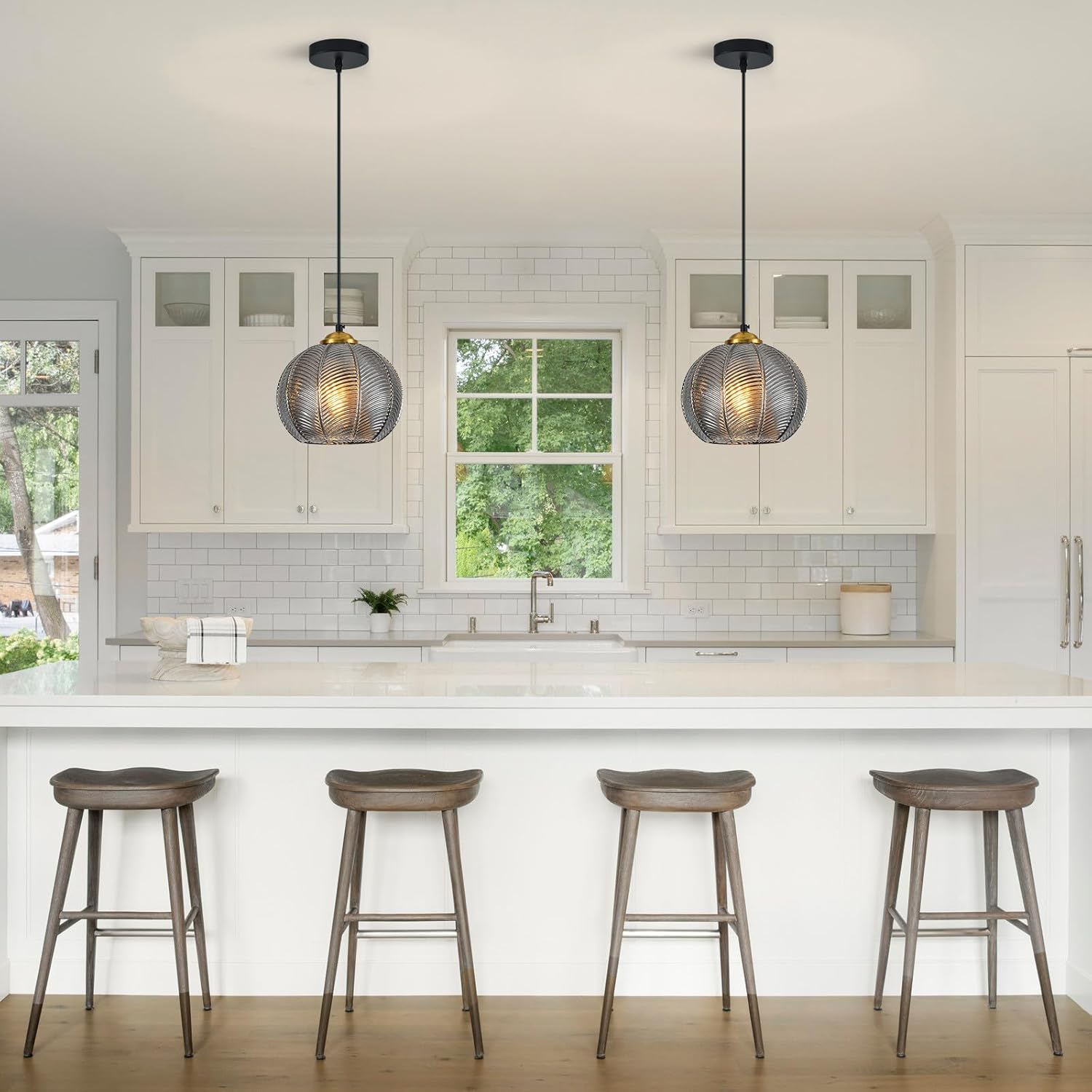 Smoke Gray Glass Pendant Lights Kitchen Island 1 Pack 7.48 in Hand Blown Glass Globe Pendant Light Fixtures Modern Pendant Lighting for Kitchen Island Bedroom Dining Room