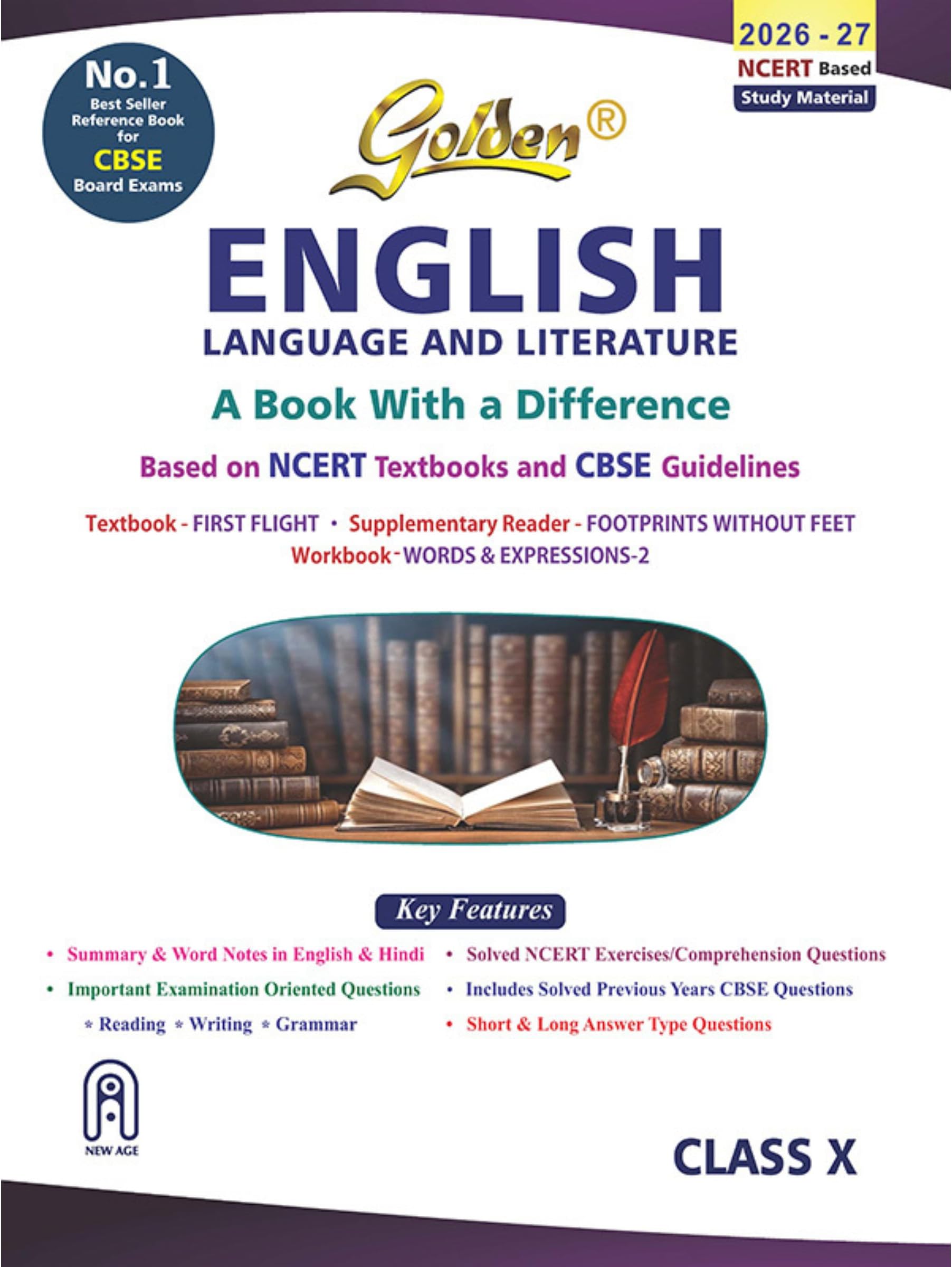 Golden English Language and Literature Study Material Based on NCERT First Flight and Footprints without Feet for Class-10 | For CBSE 2027 Board Exams | Solved NCERT Exercises | Previous Board Paper