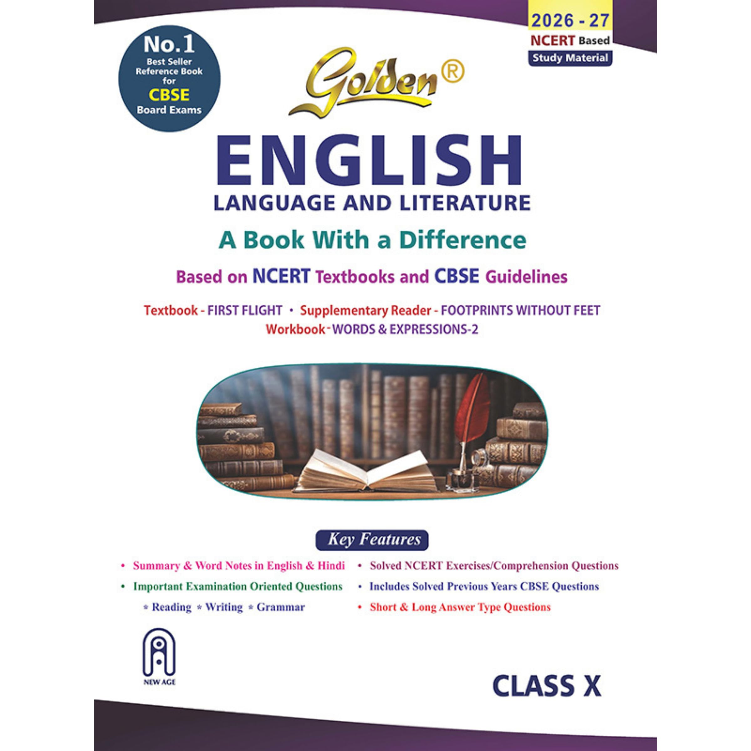 Golden English Language and Literature Study Material Based on NCERT First Flight and Footprints without Feet for Class-10 | For CBSE 2027 Board Exams | Solved NCERT Exercises | Previous Board Paper
