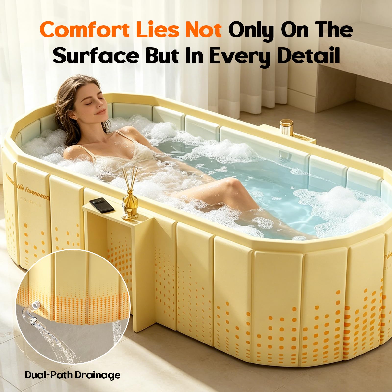 Faltbare Badewanne Erwachsene, Tragbare Faltbare Badewanne mit Ablage 150 cm, Für 2 Personen, 5-Schicht-Isolierung, 2-in-1 Eisbad & Heiß-SPA, Für Dusche, Garten, Camping & Wohnmobil