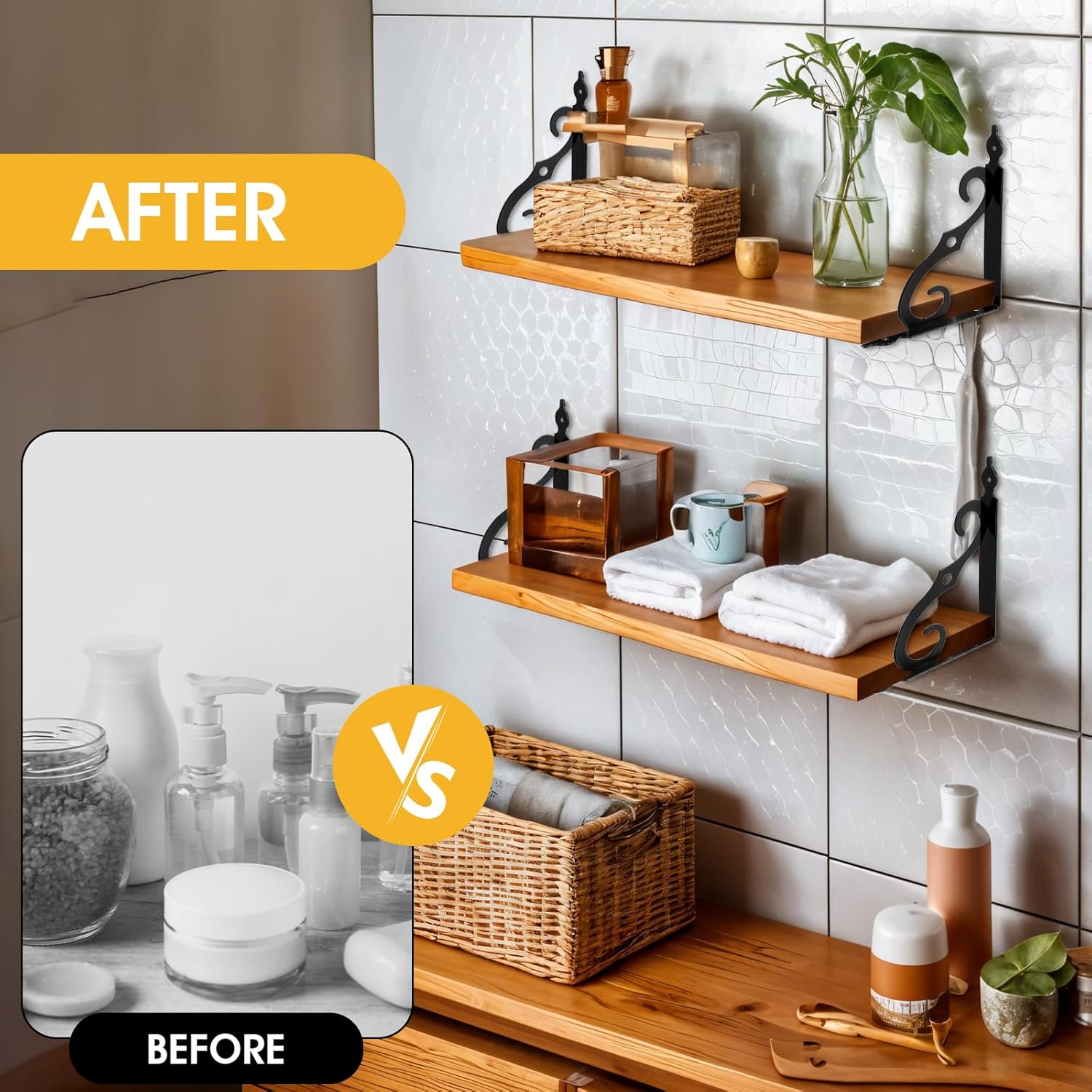 8 Pack L Shelf Brackets for 8" - 10" Board, Floating Shelf Bracket Heavy Duty Metal Shelving Brackets for Shelves, Decorative Iron Rustic Wall Bracket for DIY Floating Shelves (Black)